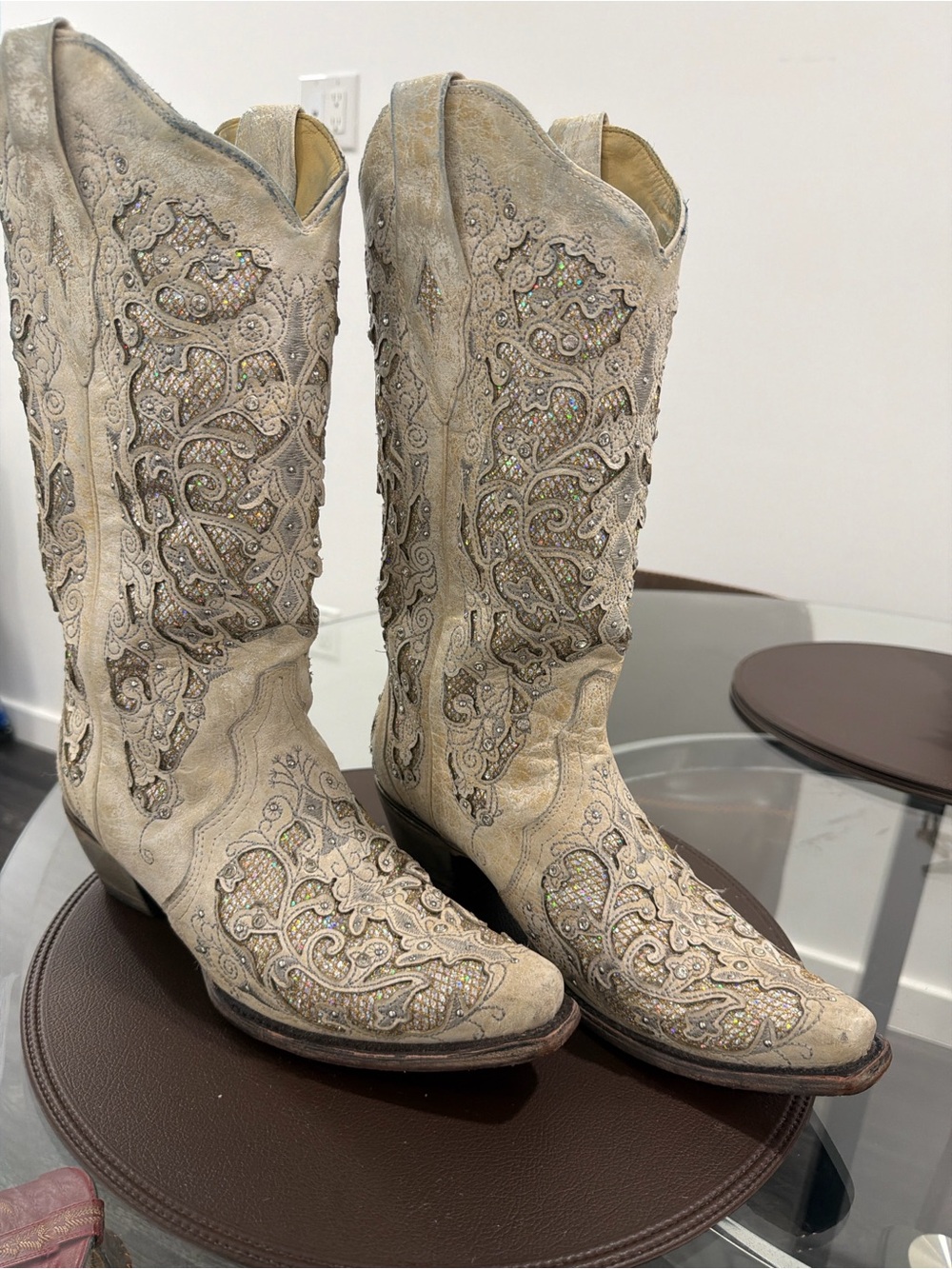Women's Embellished Cream Western Heeled Boots worn only one time